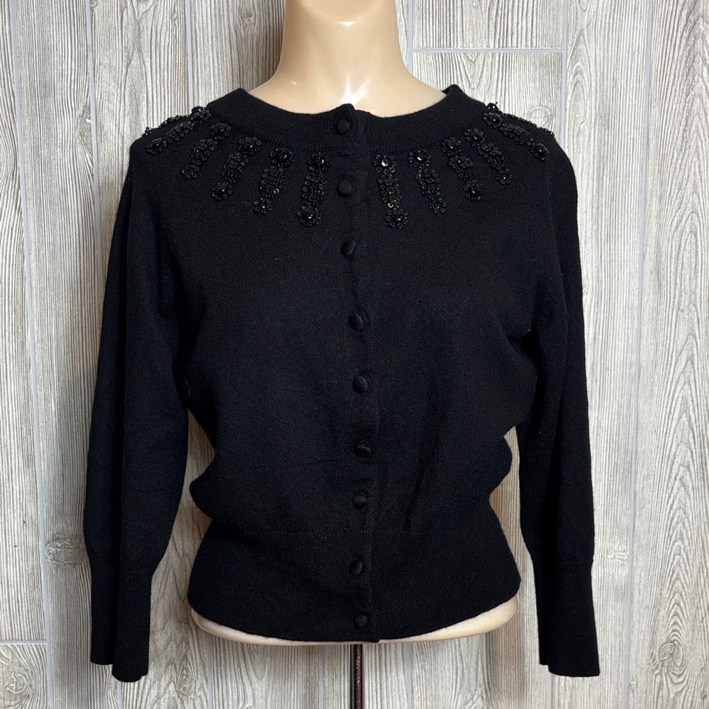 Banana Republic Beaded Merino Wool Black Shrunken Cardigan - Size XL